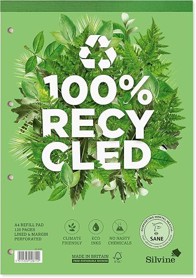 Silvine Premium A4 Recycled Refill Pad 120 Pages Ruled 8mm Feint Margin R101