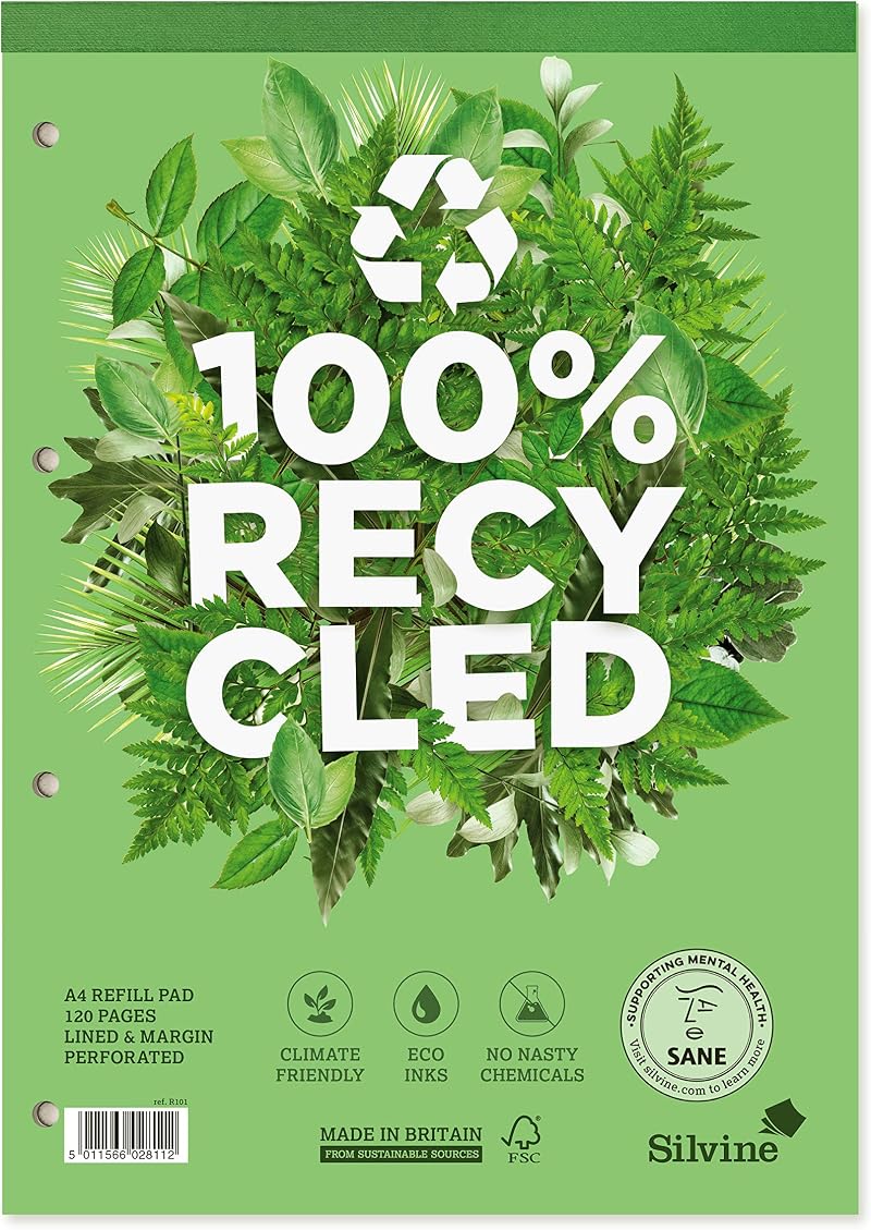 Silvine Premium A4 Recycled Refill Pad 120 Pages Ruled 8mm Feint Margin R101