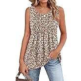 Zeagoo Women's Summer Tank Tops 2026 Pleated Crew Neck Floral Solid Loose Fit Casual Sleeveless Flowy Boho Tunic Shirts