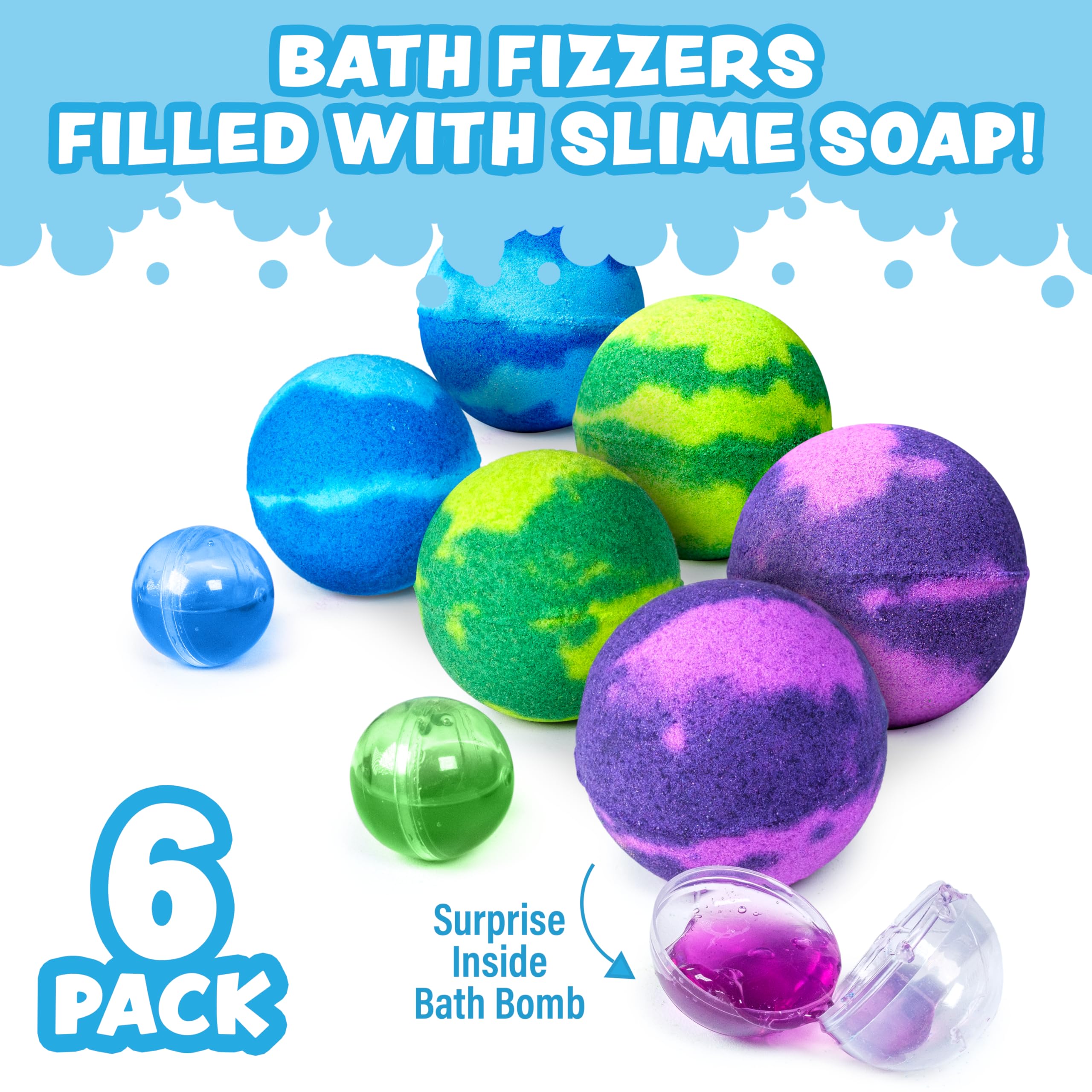 Super Goo Bath Slime 'Surprise' Bombs, 6 Pack | Kids Bath Bombs With Surprise Inside | Nontoxic | Stretchy, Squishy Slime Soap | Sensory Fun for Kids