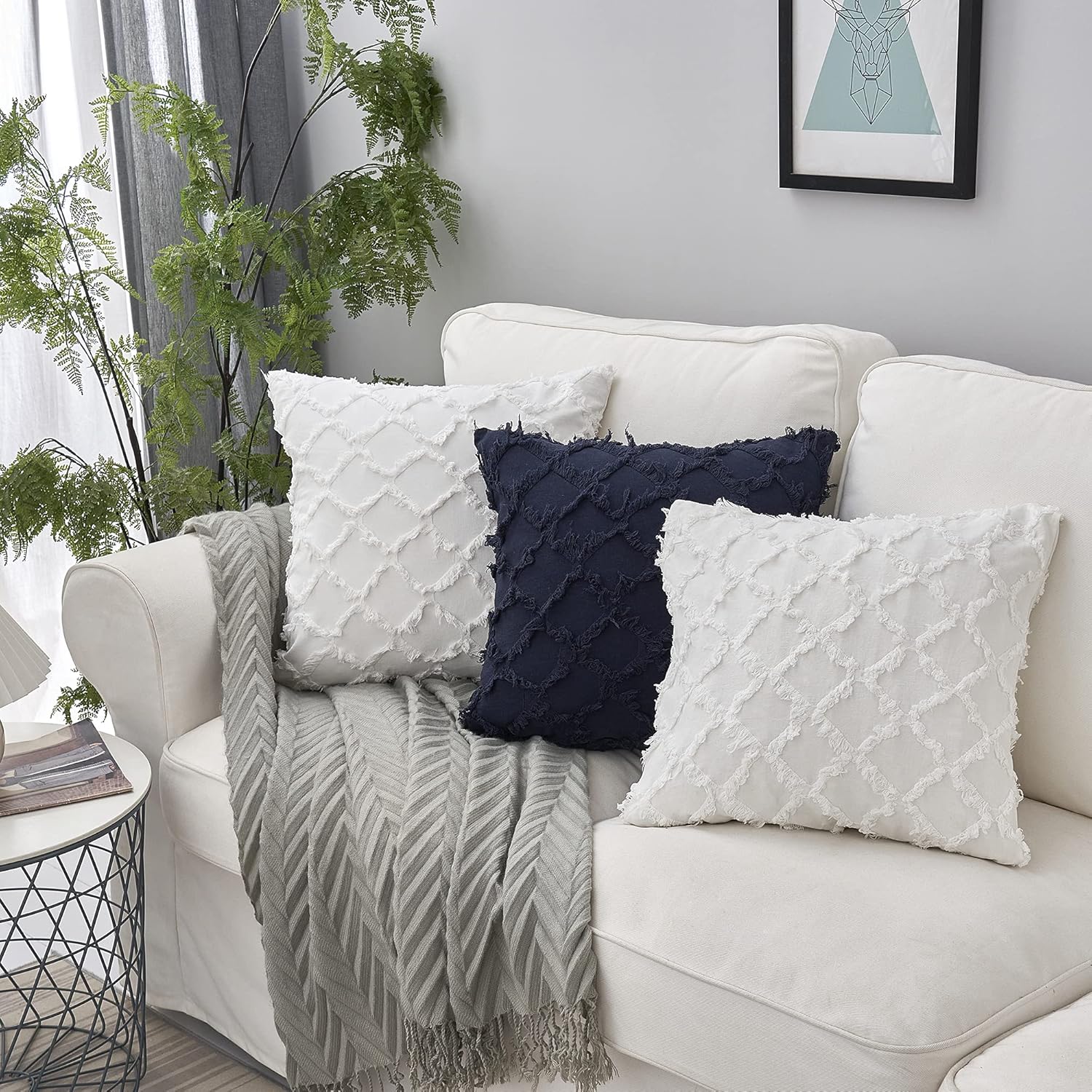 Longhui bedding Ivory White Throw Pillow Covers for Sofa, Couch, Bedroom, Family Room – Set of 2 Decorative Pillows 18 x 18 Inches Cotton Linen Cushion Covers, No Inserts: Home & Kitchen