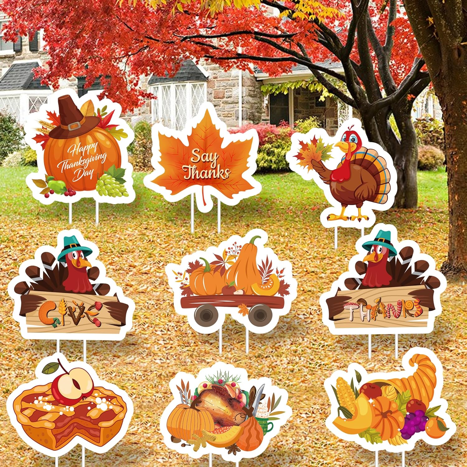 Yard Signs - 9 Pieces Thanksgiving Decorations, Thanksgiving Decorations Outdoor Yard Signs Thanksgiving Yard Stakes Outdoor Garden Lawn Maple Turkey With Pumpkin Pattern Thanksgiving Party Decorations