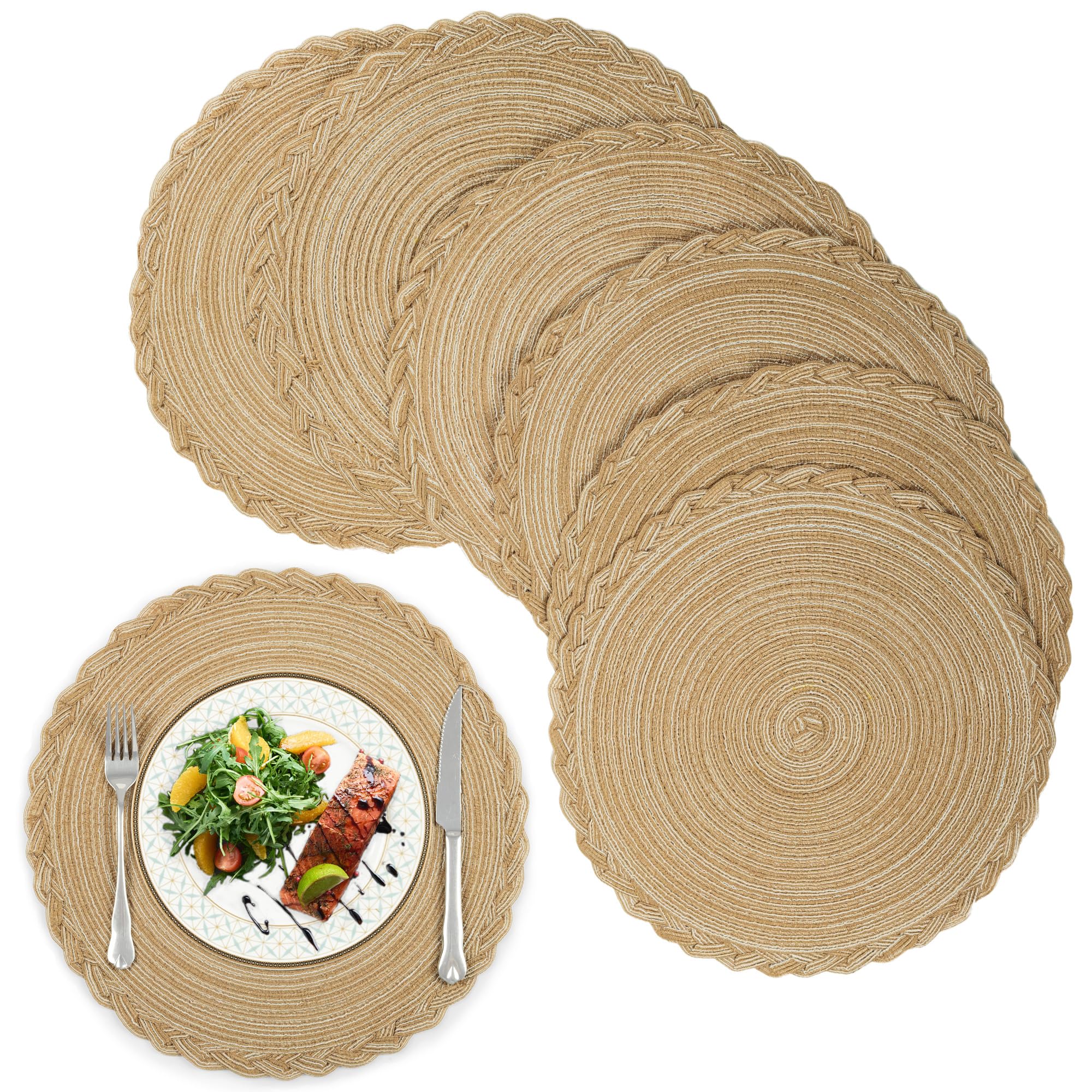 fanquare Round Woven Placemat Set of 6, 38 cm Heat Resistant Round Place Mat, Washable Beige Table Mat for Kitchen Dinner Table (Kahki, set of 6)