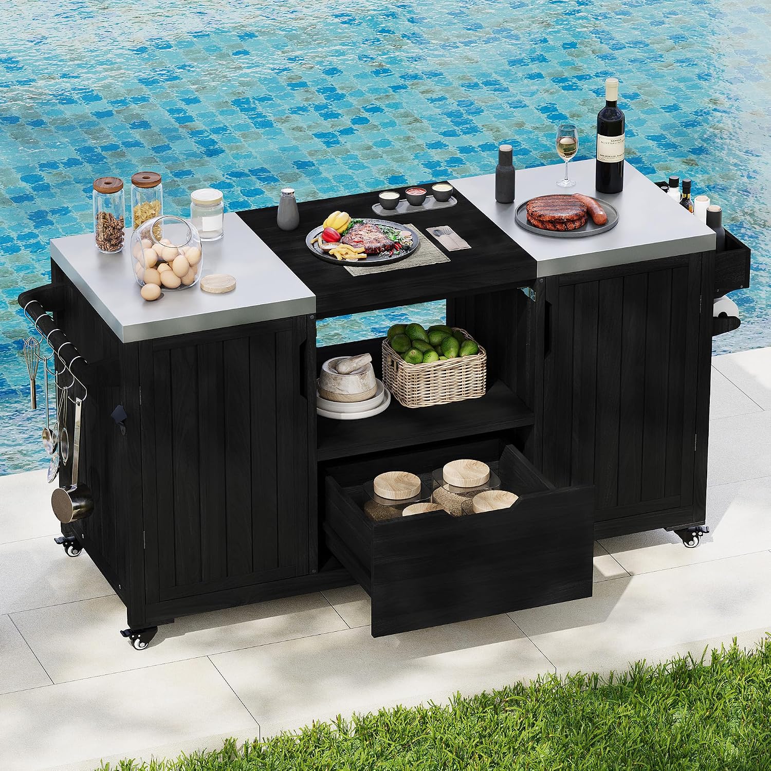66.5" Outdoor Kitchen Island Grill Cart for Large Big Green Egg & Kamado Joe,Rolling Grill cart with Storage,Stainless Steel Top,Compatible with 21-22 inch Tabletop Grills (Black, 66.5 inch)