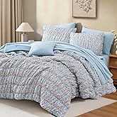 BLOOMHAVEN Queen Comforter Set - 7 Pieces Blue Classic Puff Floral Bedding Sets for All Seasons, Shabby Chic Farmhouse Bed in a Bag Queen with Wildflowers Fluffy Comforter, Sheets, Pillowcases & Shams