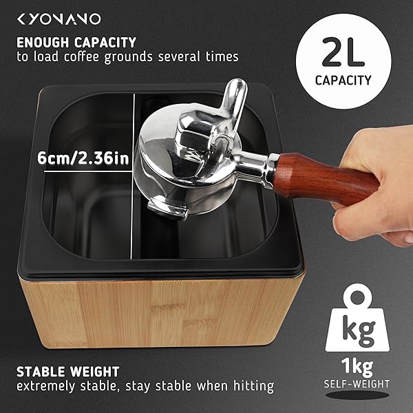 KYONANO KNOCK BOX EXPRESSO – ESPRESSO ACCESSORIES – COFFEE KNOCK BOX WITH DURABLE KNOCK BAR AND NON-SLIP BASE – MADE OF BAMBOO AND STAINLESS STEEL- COFFEE GROUNDS KNOCK BOX