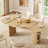ONBRILL 41-78 Inch Extendable Dining Table for 4-8, Storage Shelf, Oak | Expandable Kitchen Table with Fluted Base, Mid Century Modern Oval Dinner Tables for Dining Room, Kitchen, Living Room