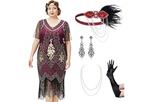 BABEYOND Plus Size 1920s Art Deco Fringed Sequin Dress Flapper Gatsby Costume Dress for Women