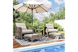 Pamapic 5 Pieces Wicker Patio Furniture Set Outdoor Patio Chairs with Ottomans Conversation Furniture with coffetable for Poolside Garden Balcony(Grey Cushion +Grey Rattan)