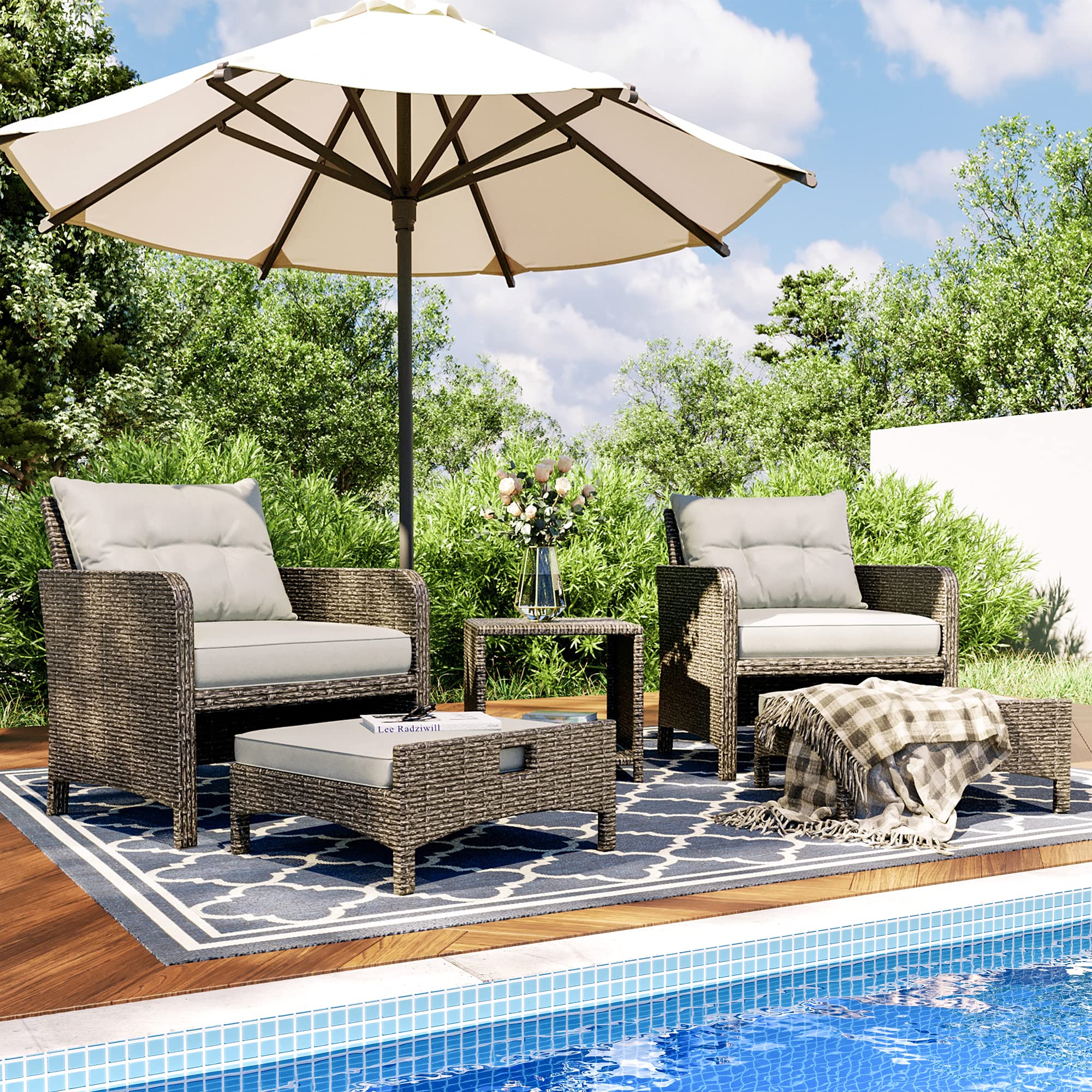 Photo 1 of Pamapic 5 Pieces Wicker Patio Furniture Set Outdoor Patio Chairs with Ottomans Conversation Furniture with coffetable for Poolside Garden Balcony(Grey Cushion +Grey Rattan)