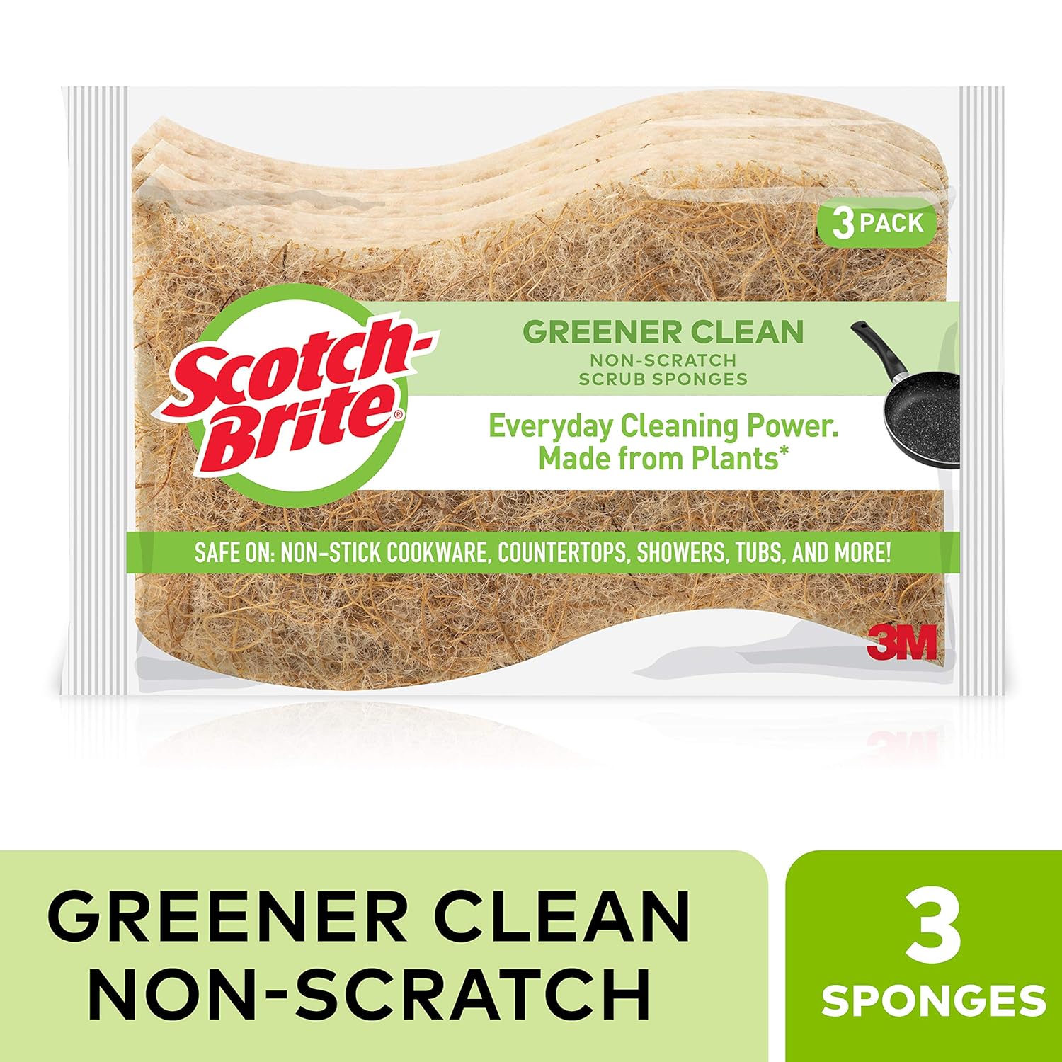 ScotchBrite Greener Clean Natural Fiber NonScratch Scrub Sponge, 3