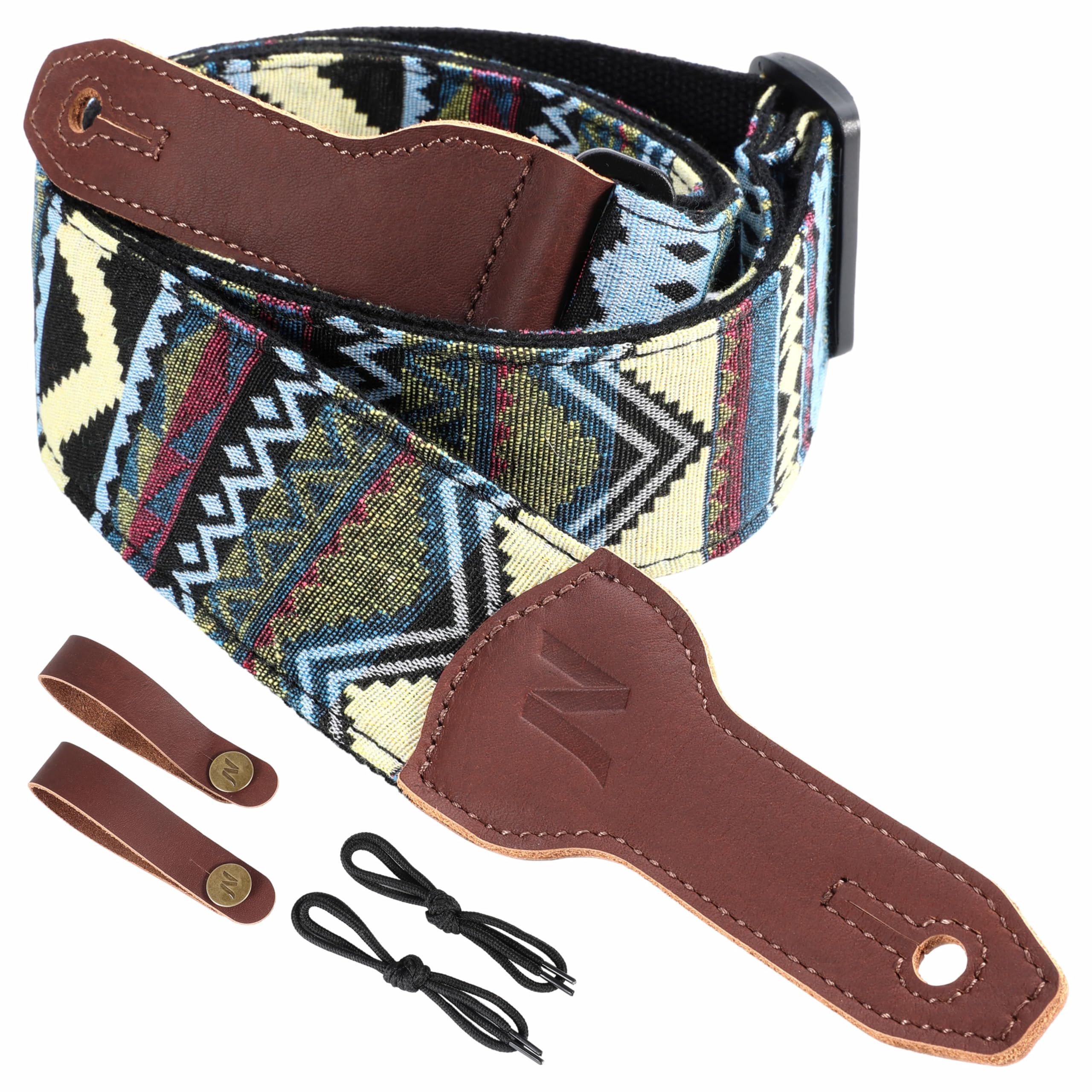 Nefelibata Banjo Strap, 2"Wide Full Grain Cowhide Guitar Strap Adjustable Replacement,Multi-pattern Guitar Strap With Headstock Rope and Leather Headband(Bohemian Quadrilateral)