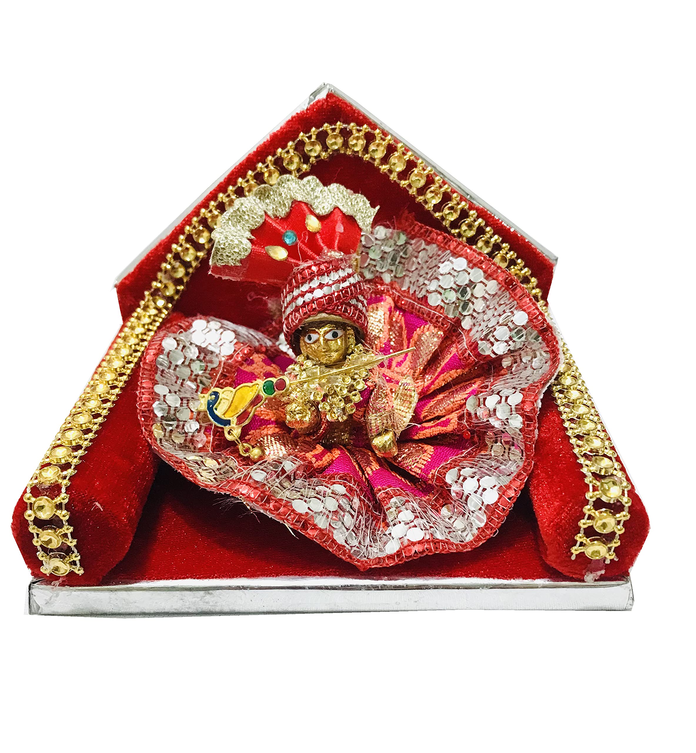 Gavya International Bal Ladoo Gopal Red Gaddi Lord Krishna Aasan with Janmashtami Cloth Swing for Home Temple mandir Home showpiece - (L x H) (5 X 4.25) Inch