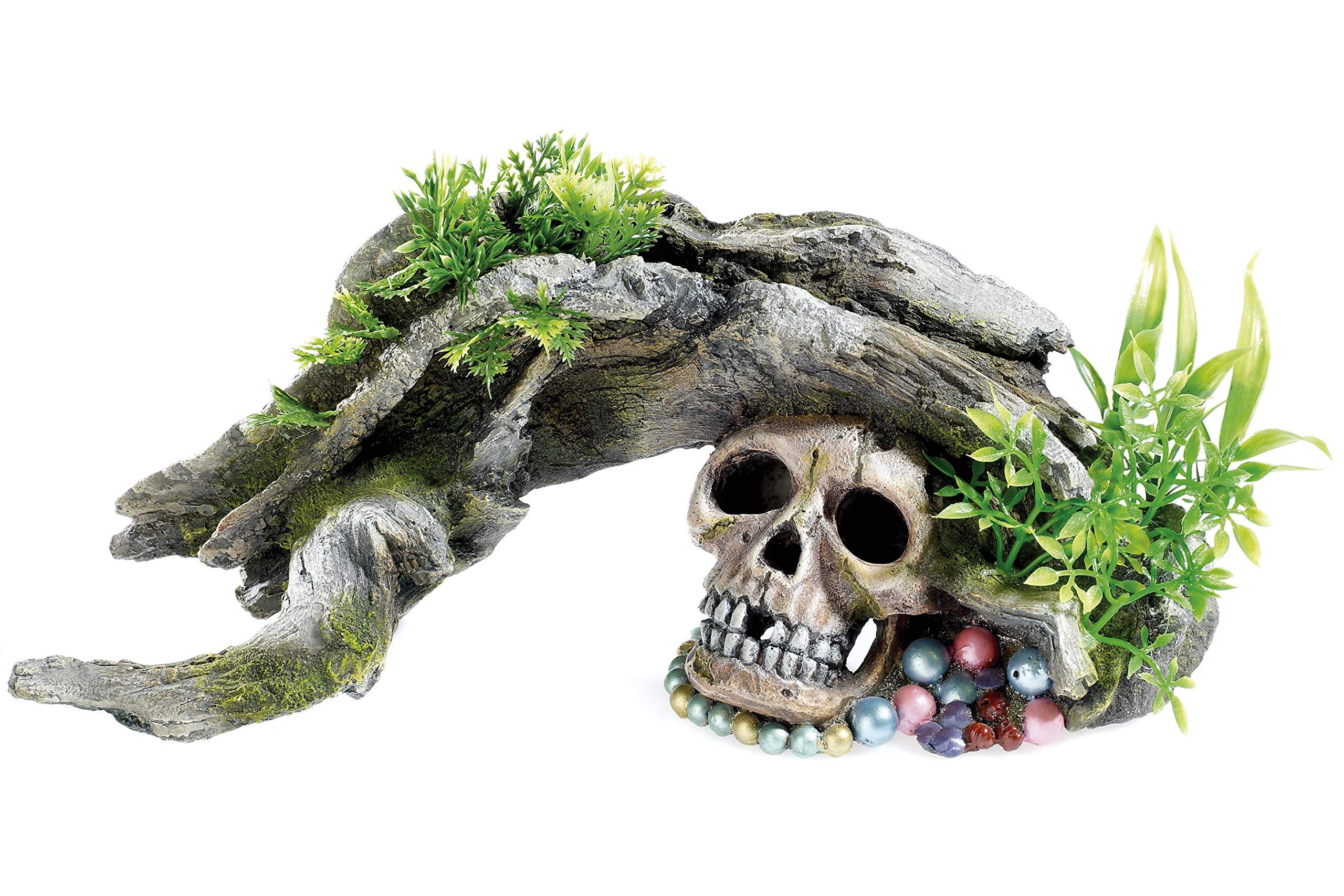 CLASSIC Wood & Skull with Plants Aquarium Ornament - 300 x 110 x 130 mm | Hand-Painted Resin Decoration for Freshwater Fish Tanks & Aquascapes