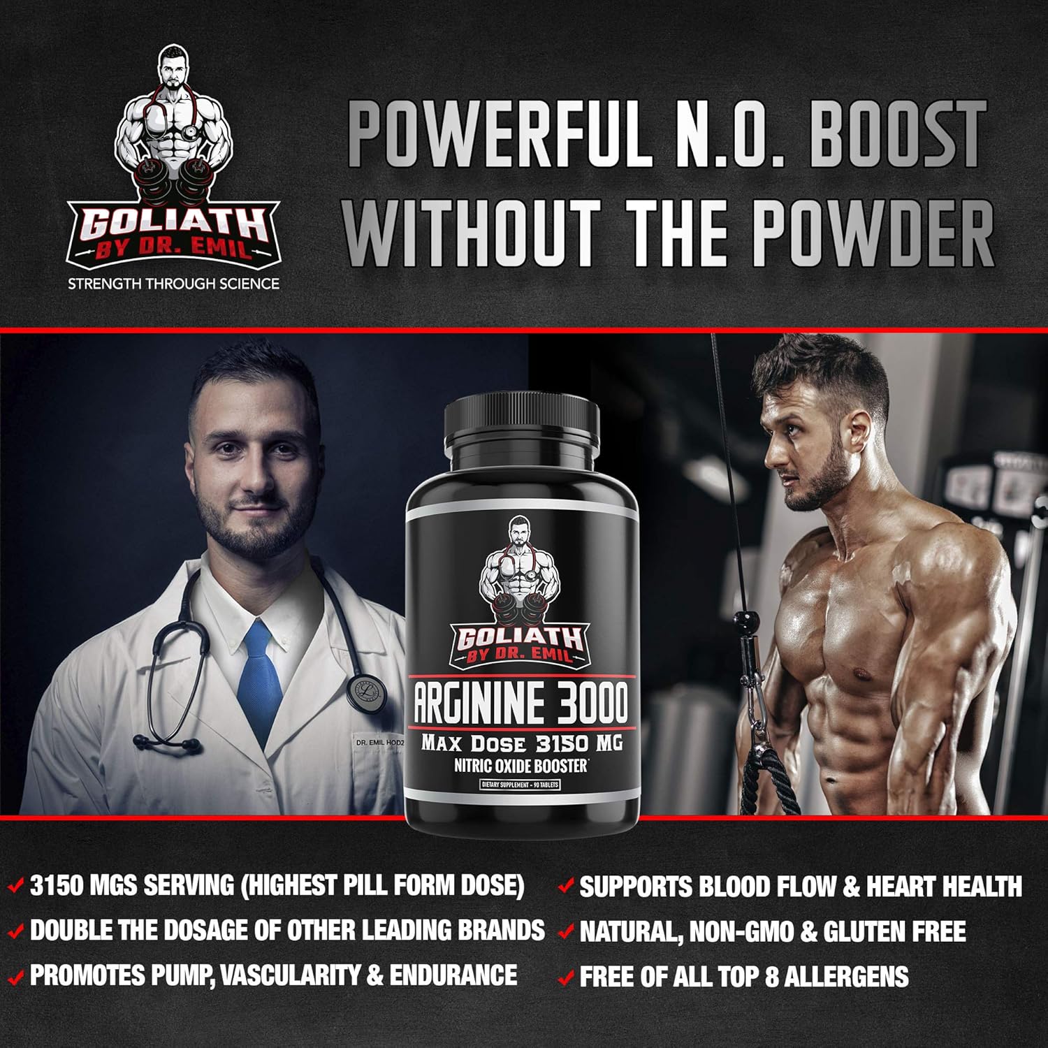 Dr. Emil - L Arginine (3150mg) Highest Capsule Dose - Nitric Oxide Supplement for Muscle Growth, Vascularity, Endurance and Heart Health (AAKG and HCL) - 90 Tablets: Health & Personal Care