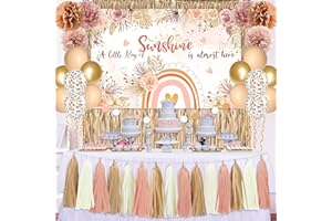 PATIAI Boho Baby Shower Decorations for Girl A Little Ray of Sunshine Daisy Boho Backdrop Blush Pink Balloons Dusty Rose Paper PomPoms Champagne Fringe Curtain for Boho Rainbow Birthday Baby Shower Decor