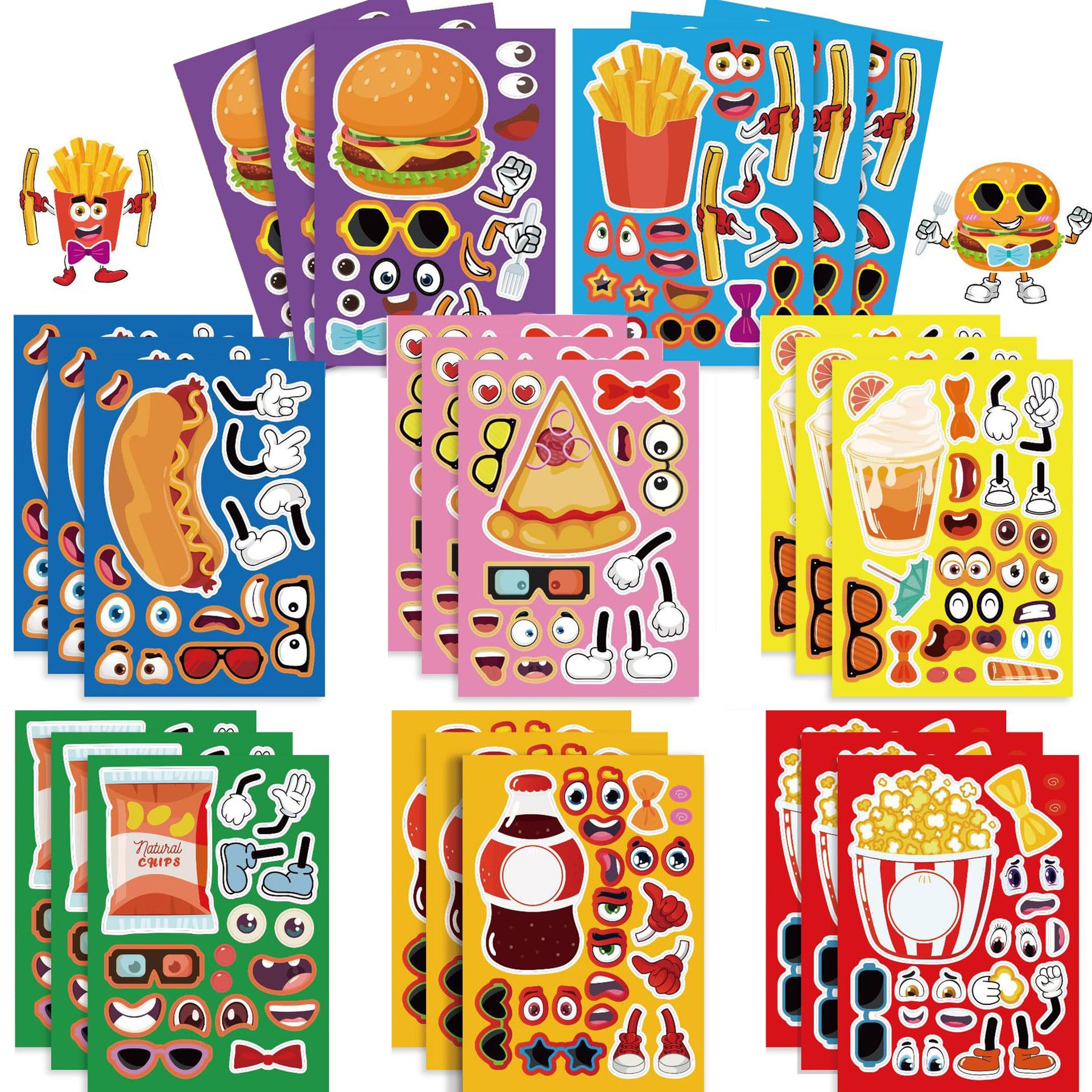 Photo 1 of 24 Sheets Make Your Own Fast Food Stickers Make A Face Stickers for Kids Toddlers with Hamburger Hot Dog French Fries Pizza Ice Cream Popcorn DIY Craft Kids Party Favor Supplies Crafts