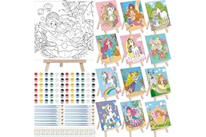 Tenceur 12 Sets Pre Drawn Canvas to Paint Kid Adult Stretched Coloring Painting Canvas Panels with Design Easel and Brushes for Party Supplies Beginner Favor(Unicorn)