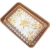 i-lan Set of 2 Rectangle Serving Trays with Mother of Pearl, 13" & 11.5" Woven Rattan Platters for Dining Entertainment, Centerpiece Displays, and Home Decor Accents
