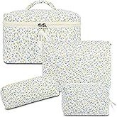 GISMTR 4Pcs Quilted Makeup Bag Set Cute Floral Cosmetic Bag Cotton Coquette Make up Bag Aesthetic Travel Toiletry Bag for Women Girls