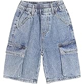KIDSCOOL SPACE Children's Denim Shorts,Ribbed Elastic Waist with D-Ring Loops Summer Jeans Half Cargo Jeans
