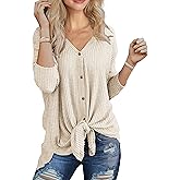 IWOLLENCE Women's Waffle Knit Tunic Blouse Tie Knot Henley Tops Loose Fitting Bat Wing Plain Shirts