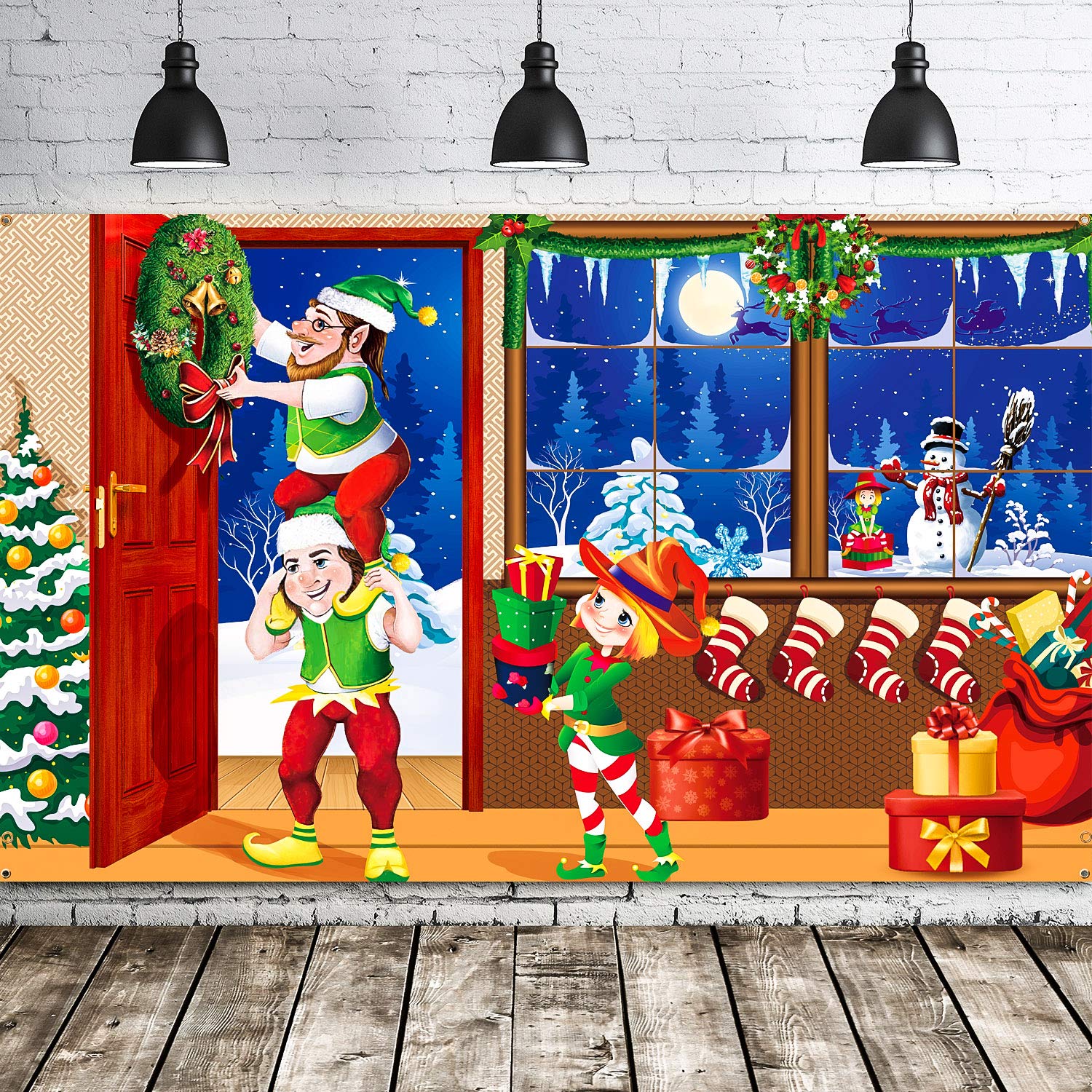 Blulu Merry Christmas Backdrop Scene Setters Banner Welcome Winter Snow Decorative Xmas Background for Wall Decoration Christmas Party Decor Holiday (Christmas Elves Green Backdrop)