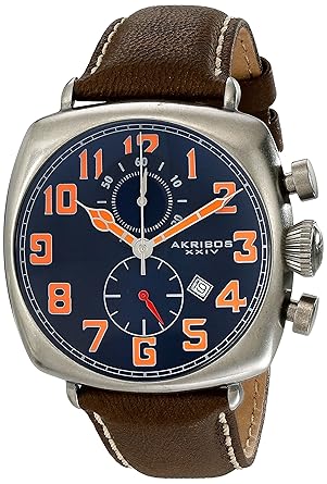 Akribos XXIV Mens AK786BU Chronograph Quartz Movement Watch with Blue Dial and Brown with Cream Stitching Leather Strap
