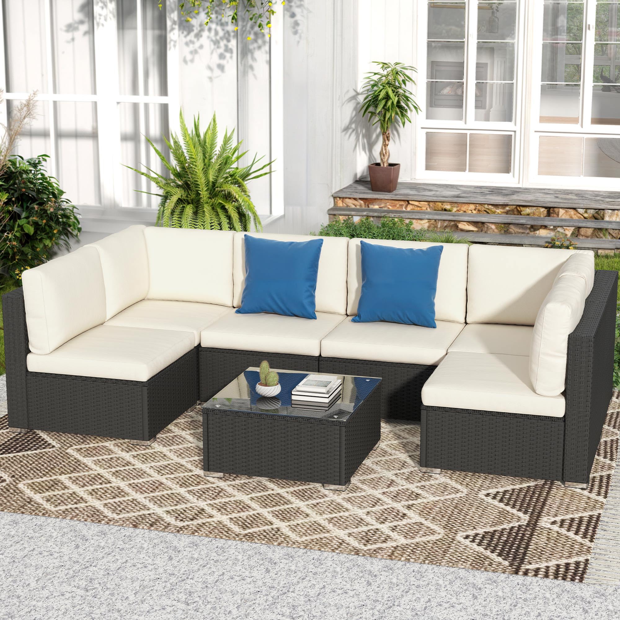 Photo 1 of ***THIS IS ONLY ONE BOX***DWVO 7-Piece Patio Furniture Set, All-Weather PE Rattan Wicker Outdoor Sectional Sofa with Soft Cushions & Coffee Table, Patio Conversation Set for Backyard, Garden, Porch, Balcony (Beige+Black)
