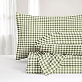 Wake In Cloud - Gingham Bed Sheets, 4-Piece Sheet Set, Plaid Checkered Check Pattern Printed Cute Preppy College Dorm Bedding, Deep Pocket, Moss Green, Full Size