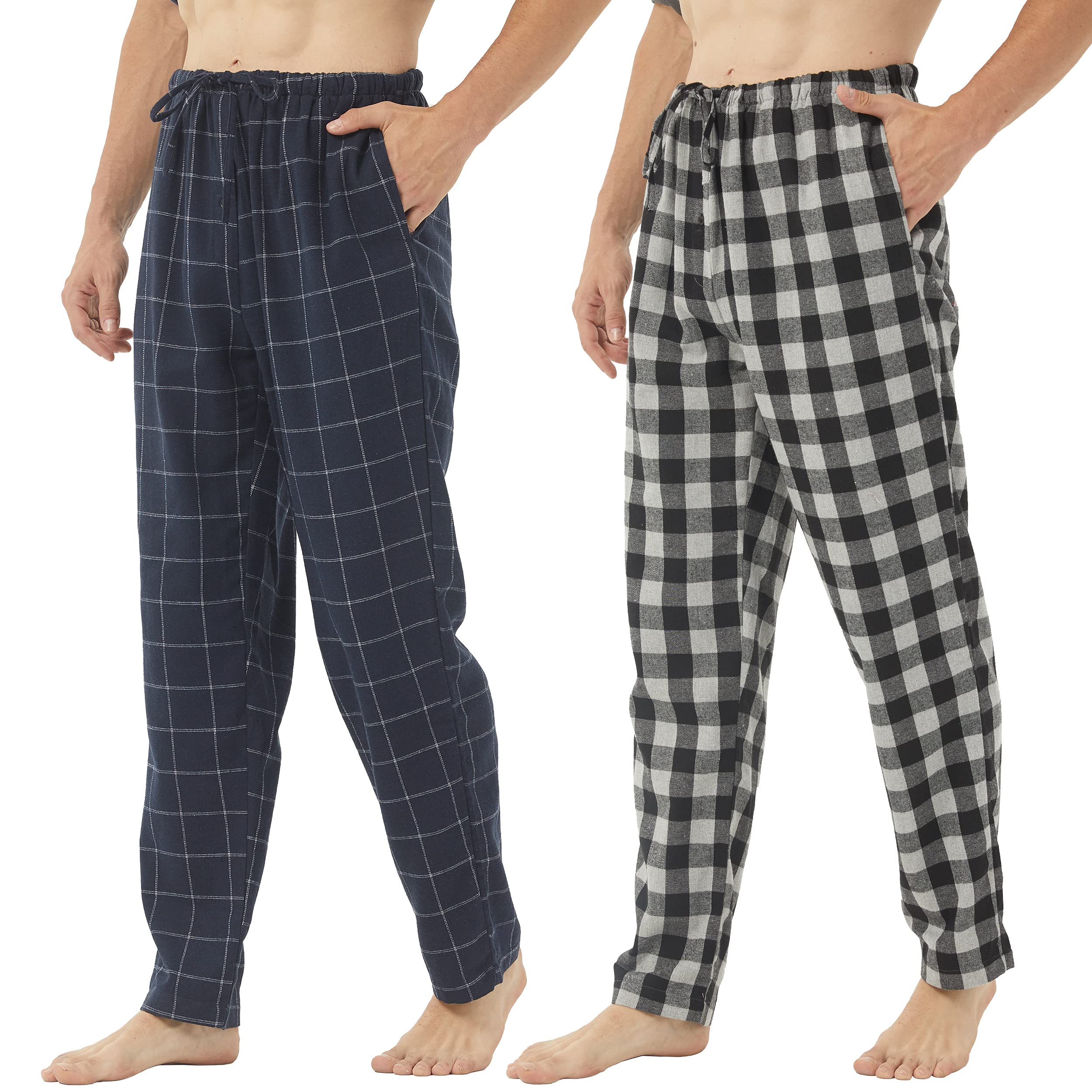 YUSHOW 2 Pack Mens Flannel Pyjama Bottoms Cotton Checked Lounge Pants Ultra Soft Pjs Bottoms with Functional Button Fly Loungewear