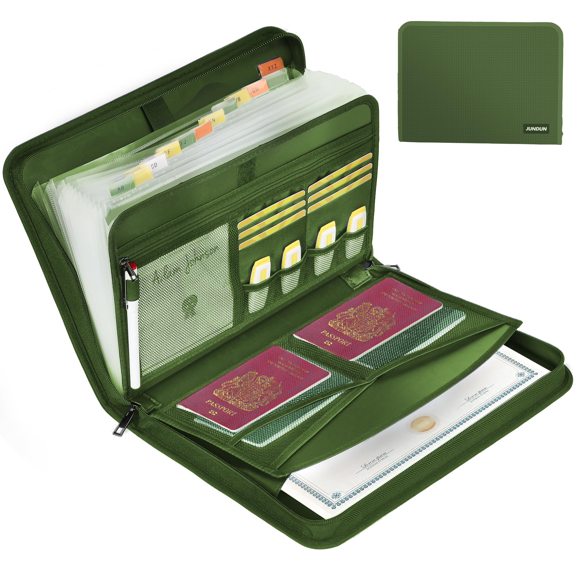 JUNDUN Fireproof Document Organiser - 13 Pockets Expanding File Folder with Zipper & Labels - Portable Waterproof File Organiser with Multi-Pockets Folder for A4 Documents | Receipt and More(Green)