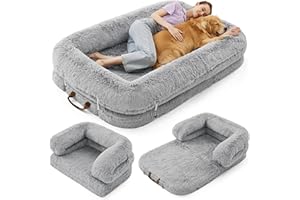 LE SURE Foldable Human Dog Bed - 3 in 1 Flexible Giant Human Dog Bed for Adult People with Supportive Bolster Egg Foam, Waterproof Liner, Calming Fluffy Faux Fur Orthopedic Big Bean Bed, Soft Grey