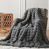 COOVA Faux Fur Throw Blanket for Couch, Cozy Soft and Fuzzy Plush Rabbit Fur Bubble Blanket for Sofa Bedroom Living Room, 50x60 Inches Cationic Light Grey