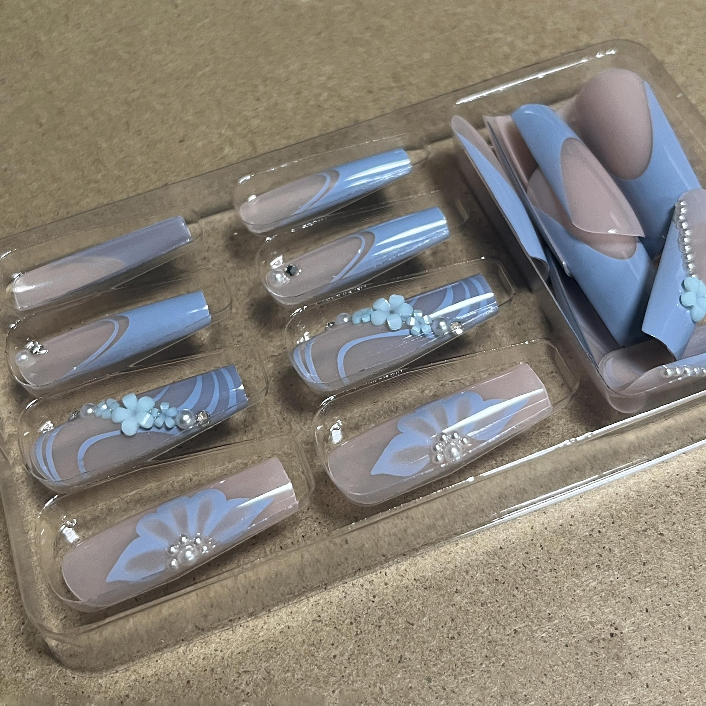 MERVF Long Square Press on Nails Blue French Tip Fake Nails Press ons with 3D Flower Design Glue on Nails Squoval Pearls Acrylic Nails Spring Glossy 24pcs False Nails - Image 3