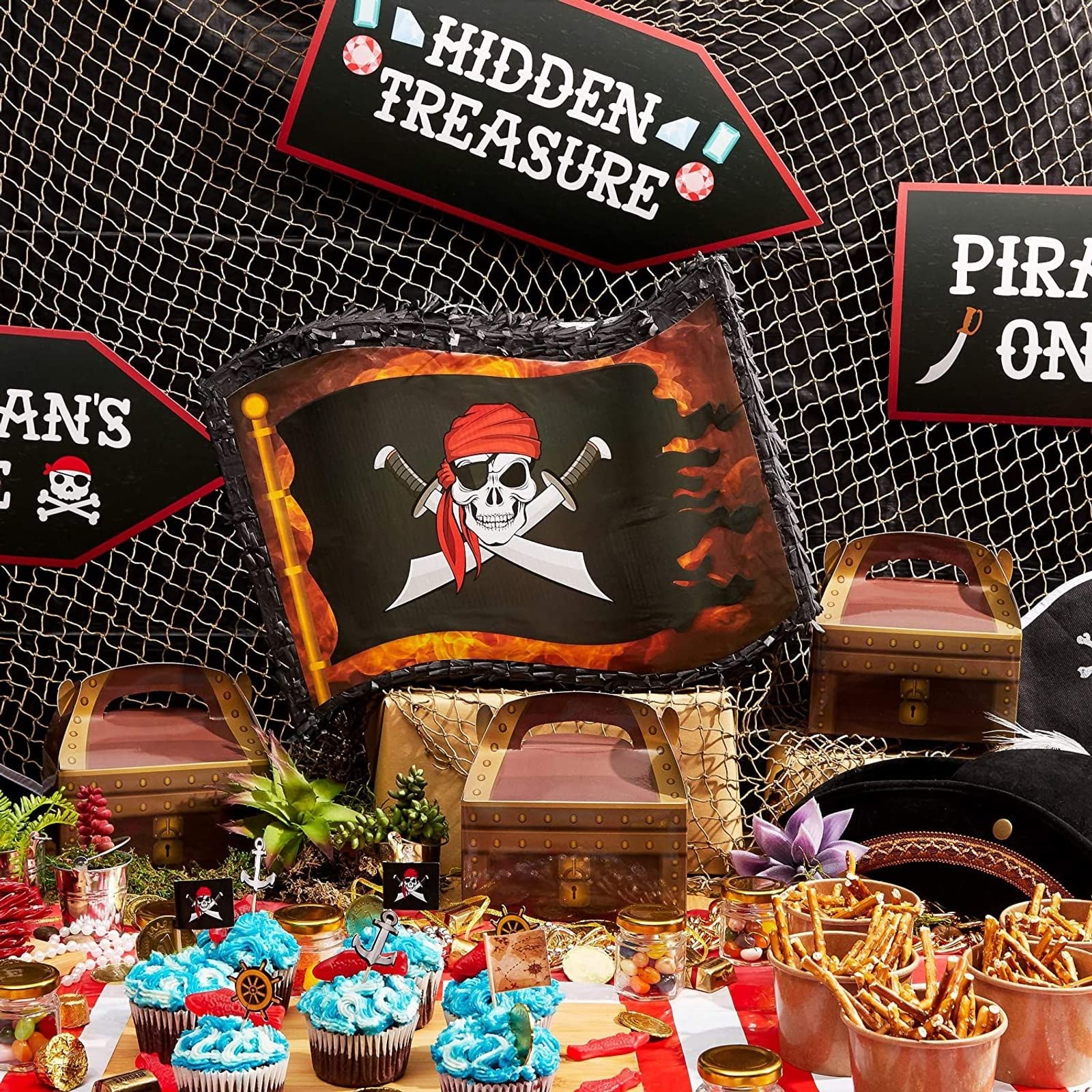 BLUE PANDA Treat Boxes - 24-Pack Paper Party Favor Boxes, Pirate Theme Treasure Chest Loot Design for Birthdays and Events, 6 x 3.3 x 3.6 inches