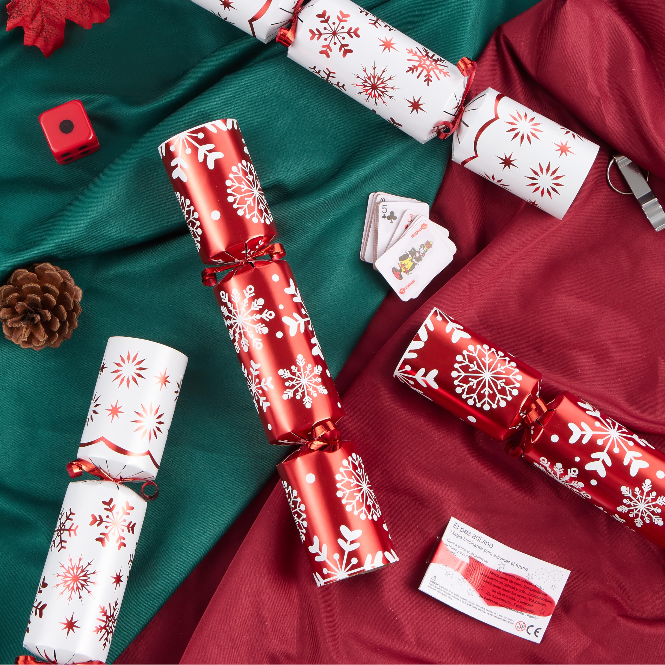 JOYIN 10 Pack Christmas No Snap Party Table Favor with Red & White Snowflake Design, with Party Hat, Joke & Little Gift Inside, for Xmas Gift, Christmas Seasonal Holiday Dinner Traditions