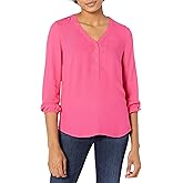 Amazon Essentials womens 3/4 Sleeve Button Popover Shirt, Loose-Fit V-Neck Blouse