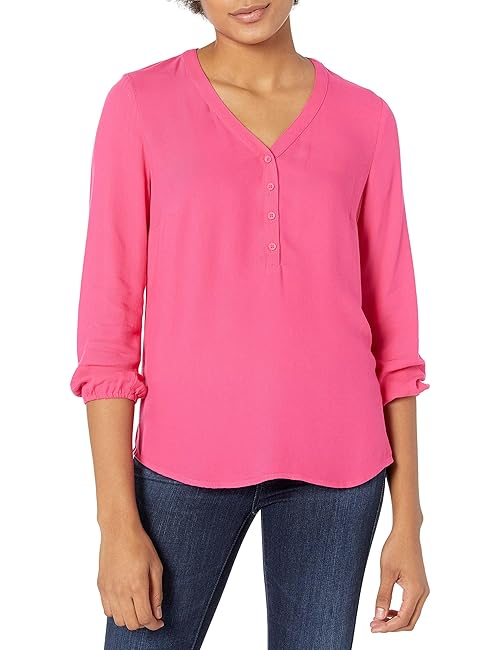 Amazon Essentials Women's 3/4 Sleeve Button Popover Shirt, Loose-Fit V-Neck Blouse, Hot Pink, XX-Large