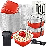 NPLUX 50 Pack Mini Cake Pans with Lids and Spoons Aluminum Foil Pans Square Cupcake Liners Brownie Baking Cups Disposable Ram