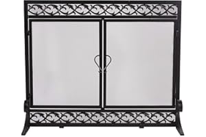 Plow & Hearth Metal Fireplace Screen Scrollwork Black | 38" W x 31" H | Dual Magnetic Hinged Doors | Spark Guard Cover | Stand Alone Wrought Iron Panel Fire Place Cover