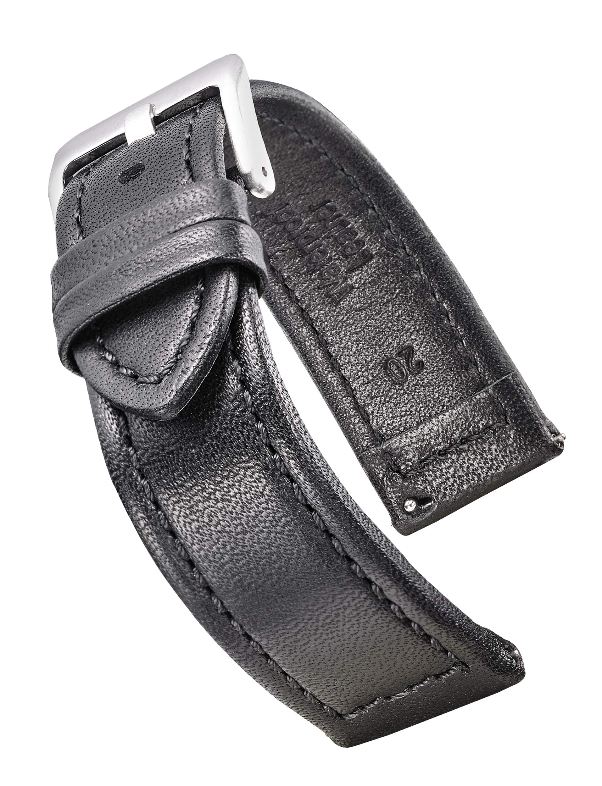 ALPINE Genuine waterproof leather watch band with quick release spring bars - black leather watch strap 22mm