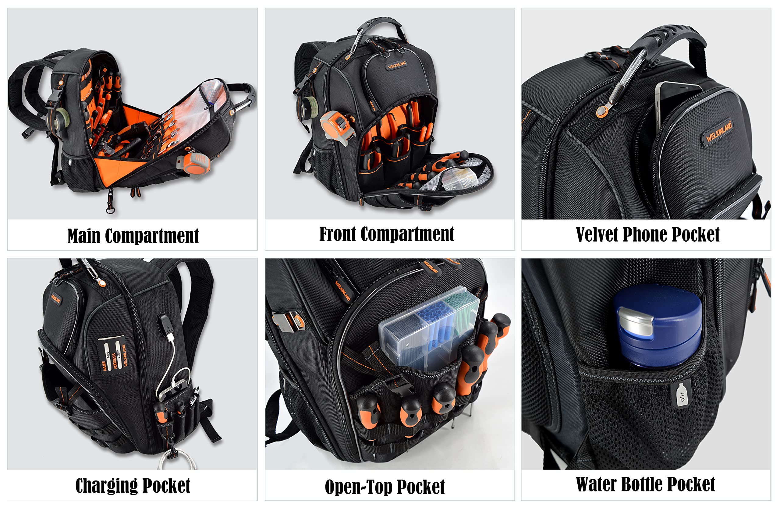 66-Pockets Tool Bag, Heavy-Duty Jobsite back pack for electricians, construction, men