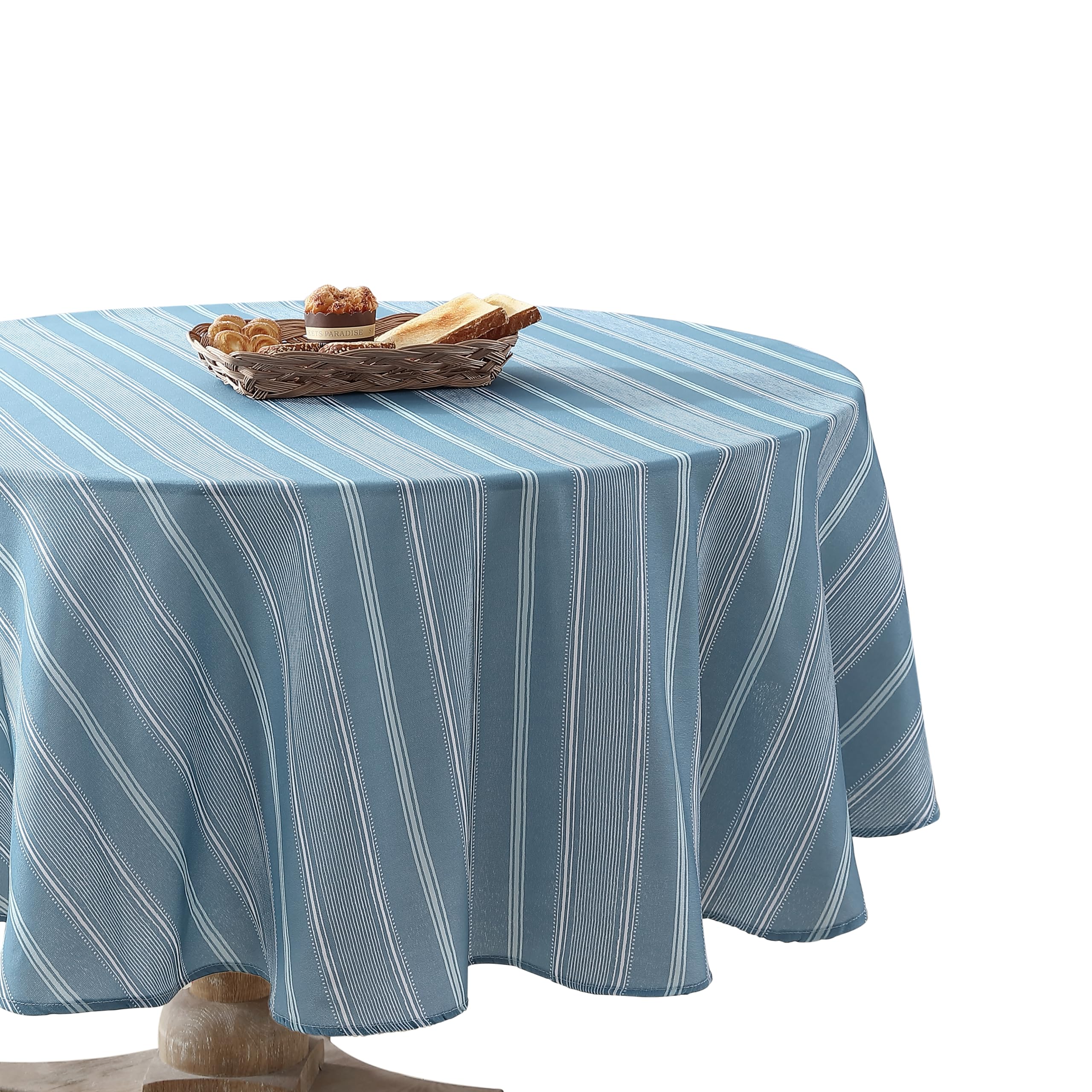 Laura Ashley Decorative Tablecloth, Wrinkle and Stain Resistant, Spillproof Water Repellent, Easy Care Washable Polyester Fabric for Dining, Kitchen, Holiday and Party, 70″ Round, Blue Stripe