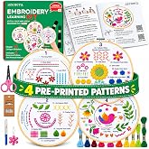 Azenera Beginner Embroidery Kit (4 Pack) Learn 33 Stitches with Easy DIY Video Tutorials, Coloured Design Patterns, Thread Floss, Cross Stitch Hoop, Gift (AZA100)