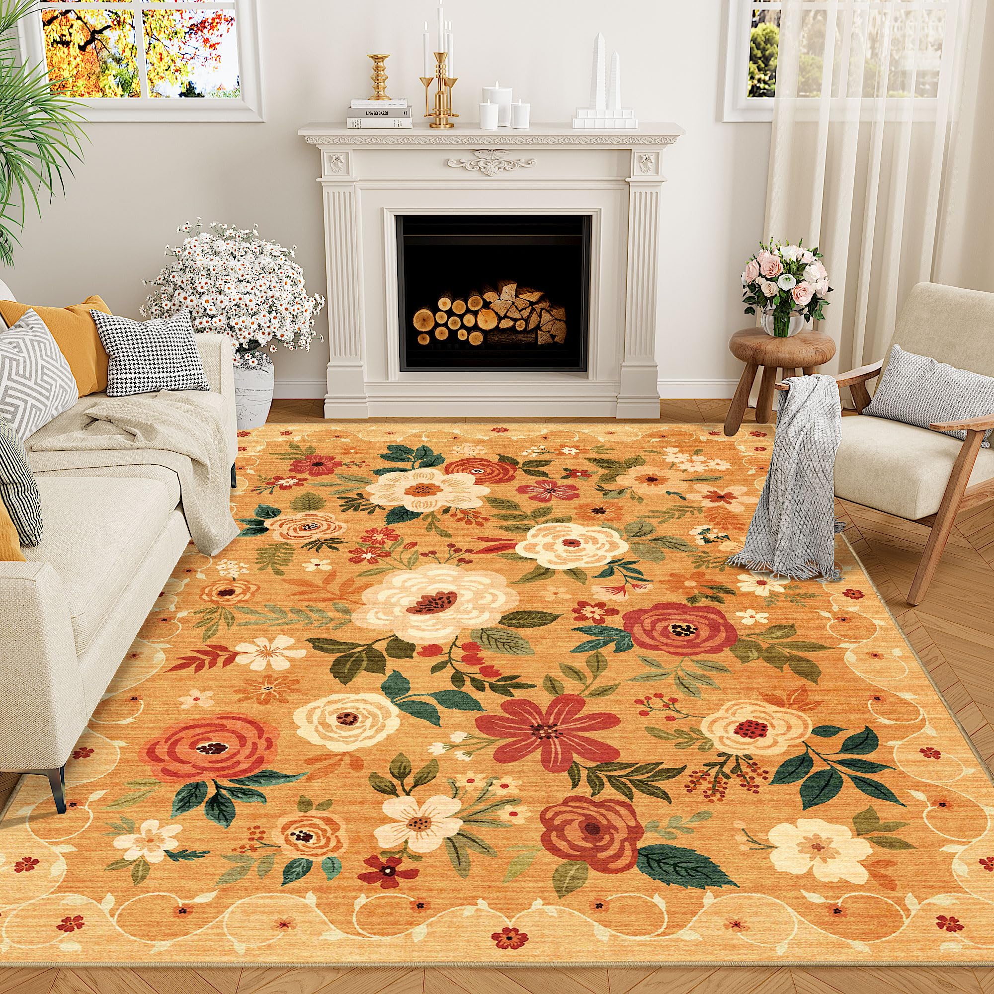 DUKINO 9x12 Area Rug, Floral Rugs for Living Room, Lightweight Non Slip Washable Rug, Indoor Low Pile & Non-Shedding Boho Design Rugs for Bedroom, Living Room, Dining Room, Orange Image