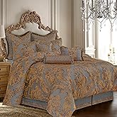 Loom and Mill Queen Comforter Set 9-Piece, European Classical Style Comforter Sets Bed in a Bag, Jacquard Bedding Sets with Euro Shams, Bedskirt, Filled Decorative Pillow(Gray+ Golden Brown, Queen)