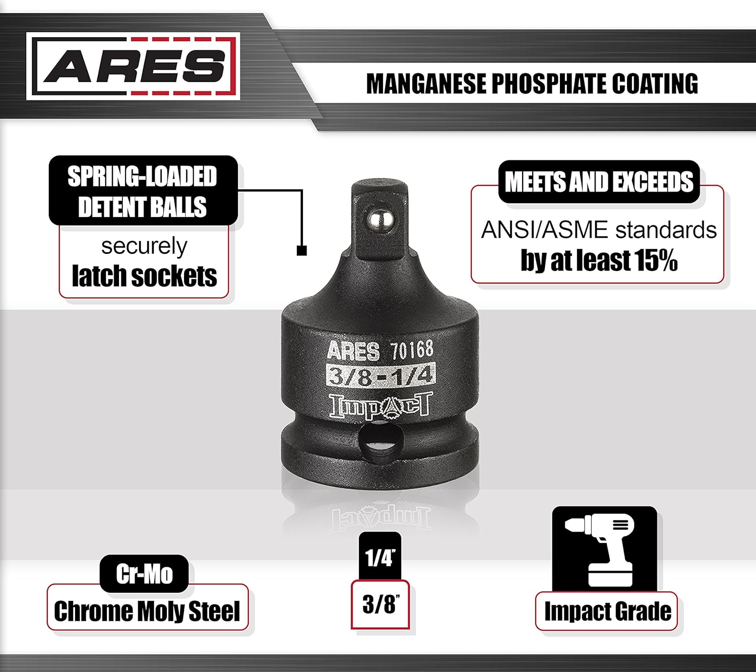 ARES 70170-1/2-Inch F to 3/8-Inch M Impact Socket Adapter - Chrome Molybdenum Steel Construction Exceeds ANSI Standards and Ensures Life Time Use: Automotive