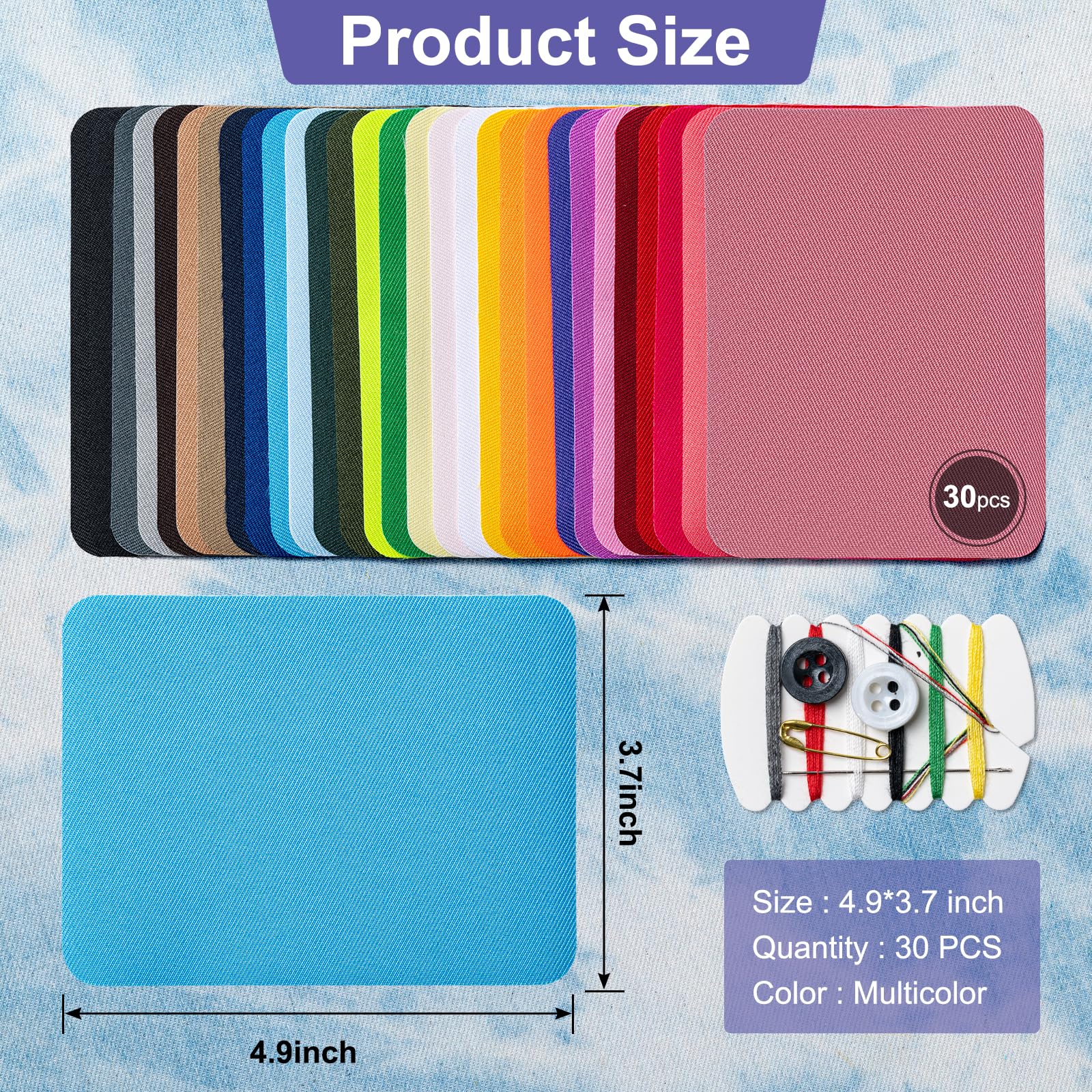 Iron Patches, 30 Piece 3.7 X 4.9 Inch Multi-Colored Fabric Repair Kit, 29 Shades Iron on Patches for Jeans, Shirts, Clothes, Pants