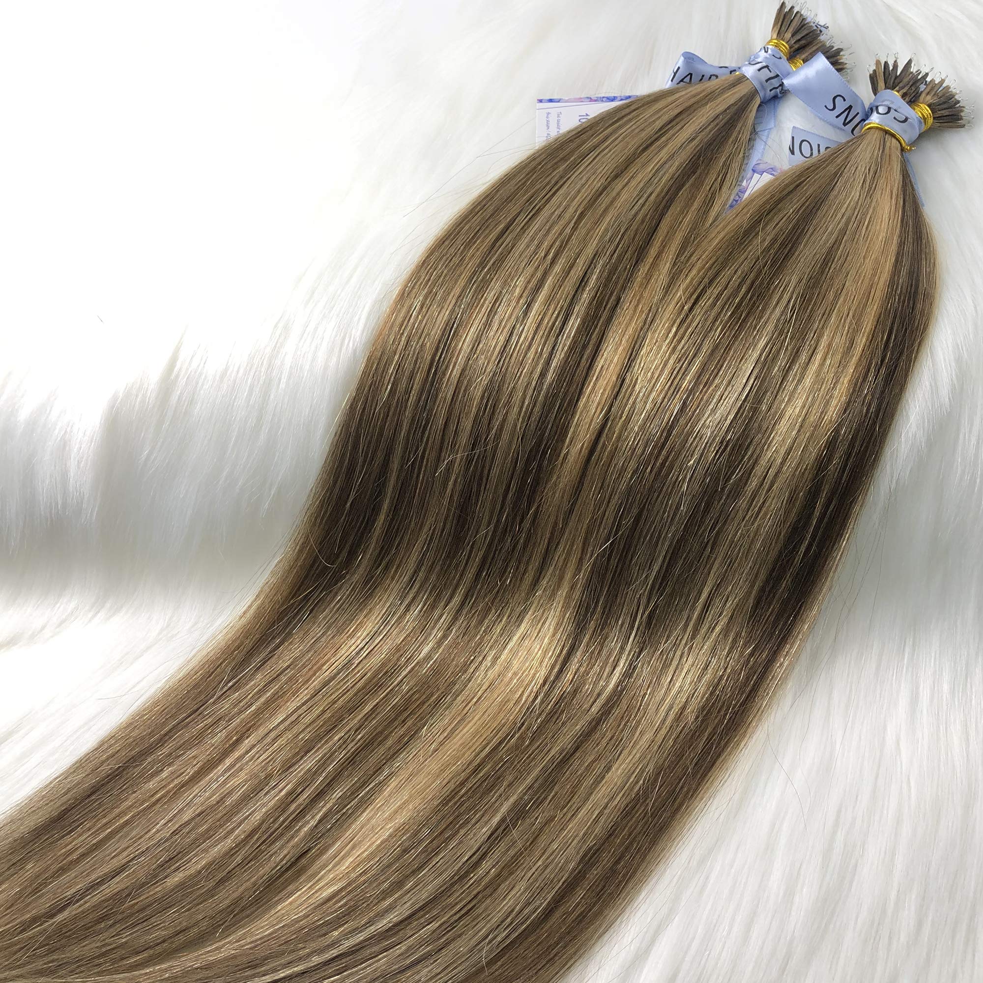 GOOFIT Nano Tip Hair Extensions Nano Beads Human Hair Remy Hair Nano Ring - 1g/s, 50s/pack - (22" #4/27 Medium Brown mix Dark Blonde)
